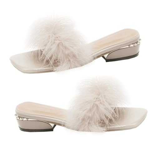 VANZACK Damen Sommer Pantoletten Open Toe PU Hausschuhe mit Chunky Absatz Bequeme Strand und Freizeit Slipper für Innen und Außen Beige von VANZACK