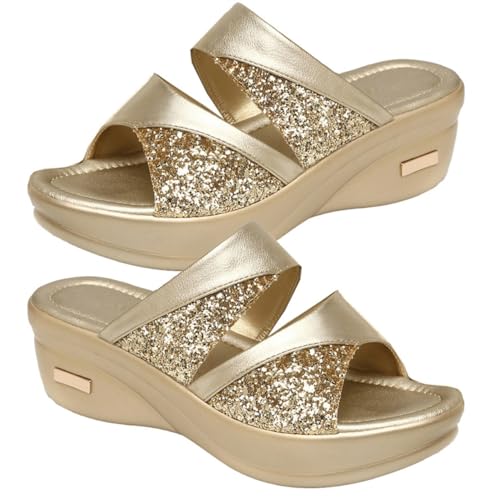 VANZACK Damen Sommer Slipper mit Dicker Keilsohle Fischmaul design Goldfarbene Plateau Pantoletten Modische Outdoor Freizeitschuhe Angenehm Leicht Anzuziehen von VANZACK