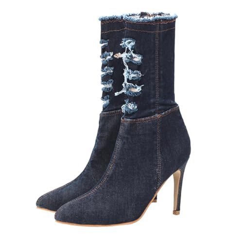 VANZACK Damen Stiefel mit Dünnem Absatz Elastischer Denim Rutschfest Leicht und Langlebig Modische High Heels Vielseitig Einsetzbar Stilvolle Herbst und Winterstiefel von VANZACK