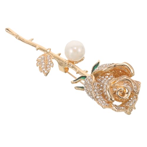 VANZACK Delikate Rosenbrosche Damen Goldfarbene Blume Anstecknadel Elegantes Design Hochwertige Perlenverzierung Für Mantel Bluse Schmuckaccessoire von VANZACK