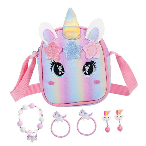 VANZACK Einhorn Umhängetasche und Kinderarmband Süße Geldbörse mit Verstellbarem Schultergurt Einzigartigem Design und Reißverschluss für Schmuck und Haaraccessoires für Mädchen von VANZACK
