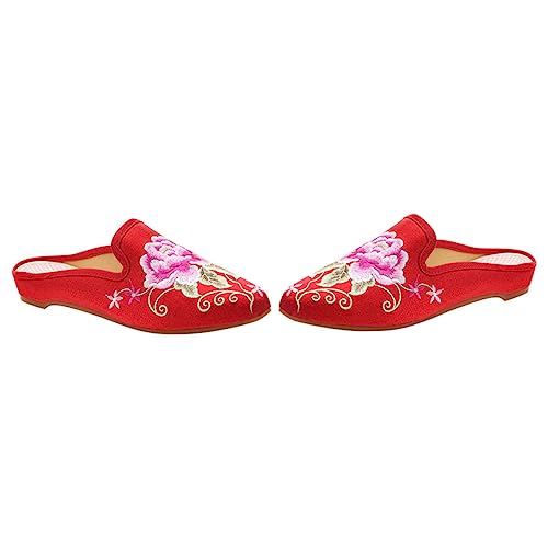 VANZACK Ethnische Damen Slipper mit Stickerei Spitz Zulaufend Atmungsaktiv und Komfortabel Bequeme Pantoffeln für Alltag und Freizeit Rotes Design von VANZACK