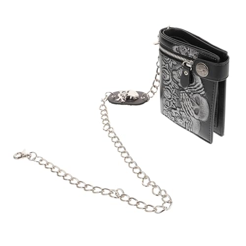 VANZACK Gothic Geldbörse mit Kette Schwarzes Portemonnaie mit Rosen und Skelettmuster Diebstahlschutz durch Abnehmbare Kette Kleines Unisex Portemonnaie für Alltag und Club von VANZACK