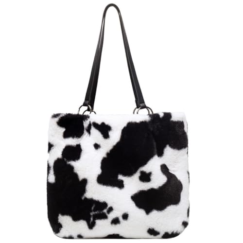 VANZACK Große Kapazität Plüsch Umhängetasche Damen Modische Single shoulder Bag Weiß Kuhmuster Weicher Stauraum für Geldbörse Handy Kosmetik für Alltag und Freizeit von VANZACK