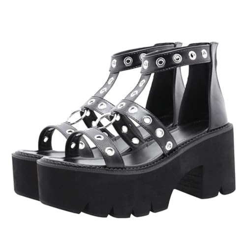 VANZACK High heeled Sandalen mit Dicker Sohle Rutschfest Modisch Offene Zehen Metallring design Atmungsaktiv Angenehm für Damen Schwarz für Sommer und Alltag von VANZACK
