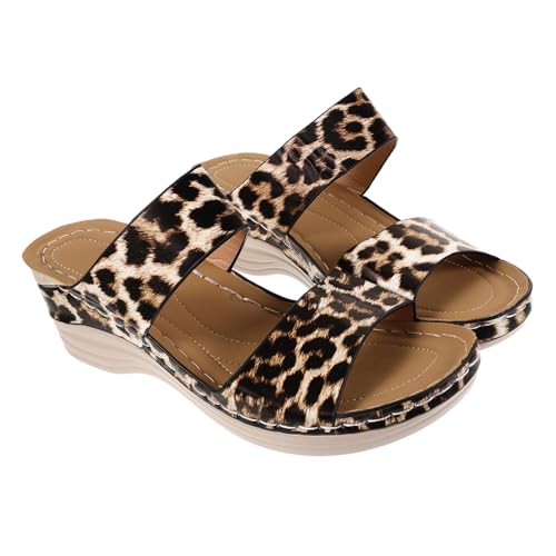 VANZACK Leopard Keilabsatz Sandalen Damen Sommer Schuhe Casual Strand Party Sandaletten Atmungsaktiv Rutschfest Modisch für Alltag und Shopping von VANZACK