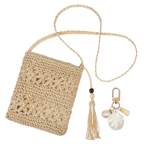 VANZACK Quasten-umhängetasche Aus Stroh. Schlüsselanhänger Aus Perlenmuschel Zum Aufhängen Handgemachte Tasche Aus Strandstroh Strohhandtaschen Für Den Sommer Strohbeutel Papierseil von VANZACK