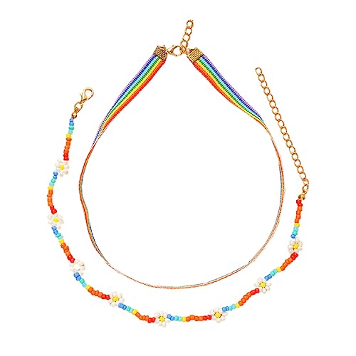 VANZACK Mehrlagige Regenbogen Perlen Halskette Choker für Damen Bunte Blumenkette Reisperlen Strand Accessoire für Urlaub und Festlichkeiten von VANZACK