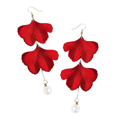 VANZACK Rote Ginkgo Ohrringe Damen Hängend Perlen Schmuck Chinesischer Stil Modisch von VANZACK