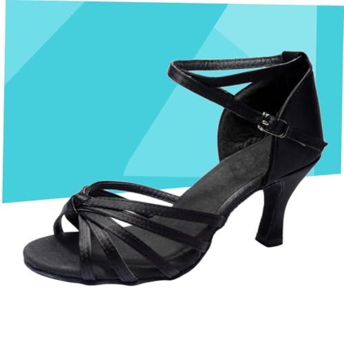 VANZACK Satin High Heels Damen Latein Tanzschuhe Eleganter Knoten Riemen Absatz Schwarz Für Tanzfläche und Party Geeignet von VANZACK
