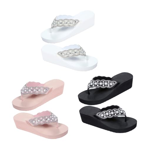 VANZACK Schwarze Damen Sandalen mit Perlen und Glitzer Rutschfeste Sommerschuhe mit Keilabsatz Bequeme Strand Flops Geeignet für Sommer und Strand Modisch und Langlebig von VANZACK