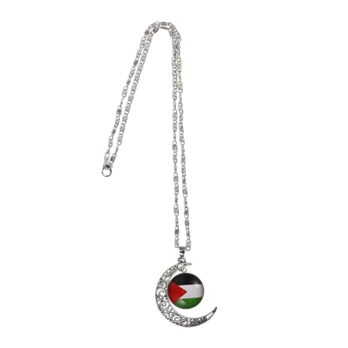 VANZACK Silberne Halskette mit Palästina Flagge und Filigranem Mondanhänger Hohl Gestaltete Kette Symbolisches Schmuckstück für Männer und Frauen Vielseitiges für Anlässe von VANZACK