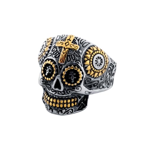 VANZACK Skull Ring Retro Verziert mit Kreuzdesign Ghost Ring für Halloween Metallring Goldfarbe Accessoires für Festivals Partys von VANZACK