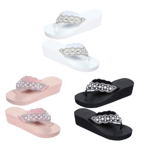 VANZACK Sommer Damen Sandalen mit Perlen und Wasserstrahl Rutschfeste Strandschuhe mit Absatz Bequeme Outdoor Flip Flops für Strand und Freizeit Weiß von VANZACK