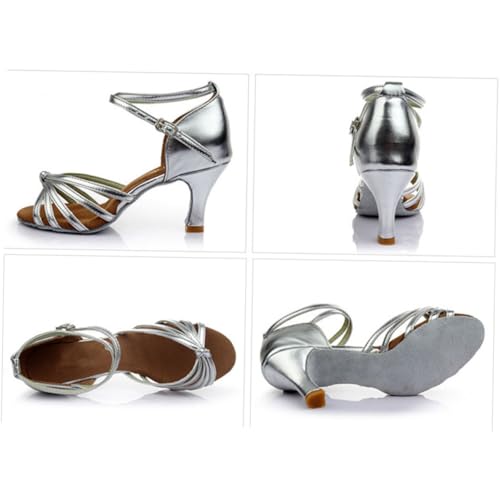 VANZACK Stilvolle Lateinamerikanische Tanzschuhe Damen mit Schlangenhaut-Design Offene Zehen Knotenverzierte Riemchen Absatz Silber Bequemes An Ausziehen für Bälle und Partys von VANZACK