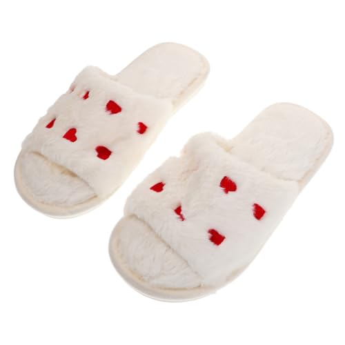 VANZACK Weiche Damen Hausschuhe mit Offenem Zehenbereich Plüsch herzmotiv Rutschfeste Gummisohle Warme Freizeitpantoffeln für Drinnen und Draußen Weiß von VANZACK