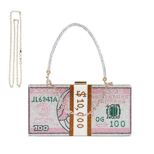 VAPADOO Stapel von Geldkassetten Handtasche mit abnehmbarem Kettenriemen, funkelnde Geldtasche mit Diamant, klassischer Dollar-Stil, Kristall-Strass-Handtasche für Frauen, rose, Klassisch von VAPADOO
