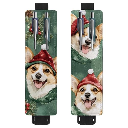 2 Stück Verstellbarer Gummiband-Stifthalter für Notizbuch, PU-Leder-Stifthalter, Stifteetui für Hardcover Journals, Bücher, Planer, Ordner, Tablets - Weihnachtsmannmütze, grüner Schal, Corgi-Hunde von VAPOKF