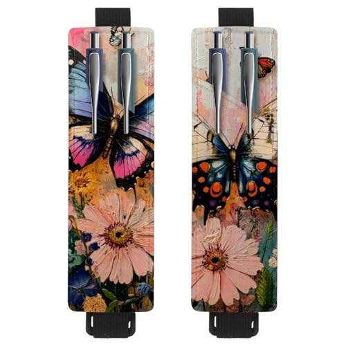 2 Stück Verstellbarer Gummiband-Stifthalter für Notizbuch, PU-Leder-Stifthalter, Stifteetui für Hardcover-Zeitschriften, Bücher, Planer, Ordner, Tablets - Ölgemälde Wildblumen Schmetterling von VAPOKF