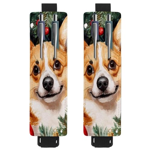 2 Stück verstellbarer elastischer Stifthalter für Notizbuch, PU-Leder-Stifthalter, Stifteetui für Hardcover-Zeitschriften, Bücher, Planer, Ordner, Tablets – Aquarell-Weihnachts-Korgi-Glocken von VAPOKF