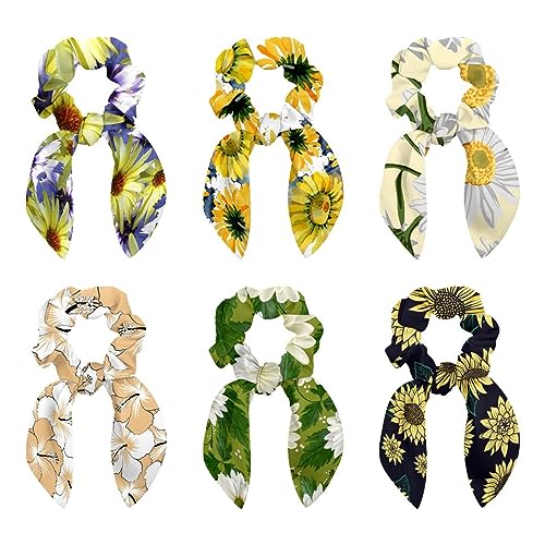 6 Stück Haargummis – Aquarell gelbe Kamille Wildblumen Haar Schal Scrunchy mit Schleife Elastische Haargummis Pferdeschwanzhalter für Frauen Teenager Mädchen von VAPOKF