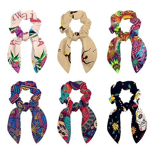 6 Stück Haargummis – Boho Afrika Ethnisches Mädchen Muster Haar Schal Scrunchy mit Schleife Elastische Haargummis Pferdeschwanz Halter für Frauen Teenager Mädchen von VAPOKF