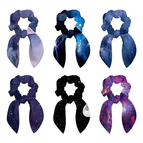 6 Stück Haargummis – Galaxie Weltraum Planeten Haar Schal Scrunchy mit Schleife Elastische Haargummis Pferdeschwanz Halter für Frauen Teenager Mädchen von VAPOKF