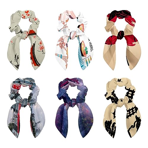 6 Stück Haargummis – Japan Mount Fuji Haar Schal Scrunchy mit Schleife Elastische Haargummis Pferdeschwanz Halter für Frauen Teenager Mädchen von VAPOKF