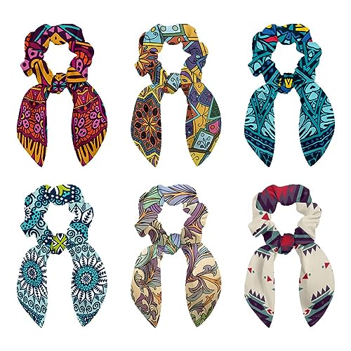 6 Stück Haargummis – Vintage Bunte Trippy Mandala Haar Schal Scrunchy mit Schleife Elastische Haargummis Pferdeschwanz Halter für Frauen Teenager Mädchen von VAPOKF