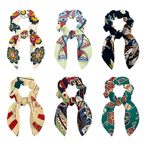 6 Stück Haargummis – Vintage Ethno Bunt Print Haar Schal Scrunchy mit Schleife Elastische Haargummis Pferdeschwanz Halter für Frauen Teenager Mädchen von VAPOKF