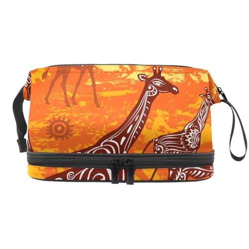 Afrikanische Giraffe auf Grunge-Hintergrund, doppellagige Kosmetiktasche für Frauen und Mädchen, Reise-Kulturbeutel, Make-up, praktische Tasche, Organizer-Tasche mit Pinselfach, multi, 27x15x14 von VAPOKF