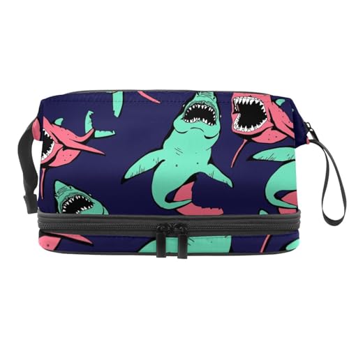 Angry Shark Sea Life Muster Doppellagige Kosmetiktasche für Frauen und Mädchen, Reise-Kulturbeutel, Make-up, praktische Tasche, Organizer-Tasche mit Pinselfach, multi, 27x15x14 cm/10.6x5.9x5.5 in, von VAPOKF