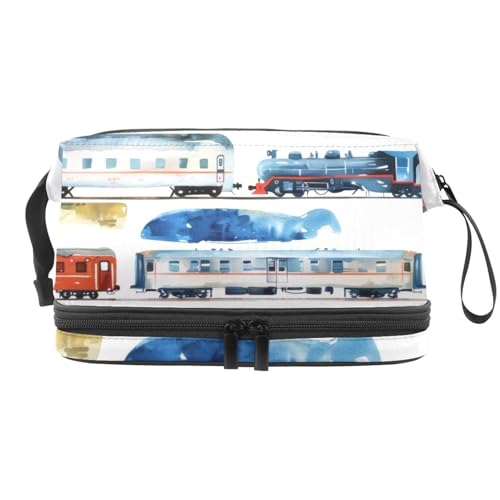 Aquarell-Kosmetiktasche für Eisenbahn, Auto und Zug, doppellagig, für Damen und Mädchen, Reise-Kulturbeutel, Make-up, praktische Tasche, Organizer-Tasche mit Pinselfach, multi, 27x15x14 von VAPOKF