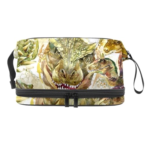Aquarell-Kosmetiktasche mit Dinosaurier-Motiv, doppellagig, für Damen und Mädchen, Reise-Kulturbeutel, Make-up, praktische Tasche, Organizer mit Pinselfach, multi, 27x15x14 cm/10.6x5.9x5.5 in, von VAPOKF