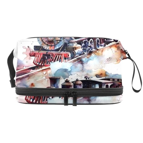 Aquarell-Kosmetiktasche mit Zügen auf Eisenbahn, doppellagig, für Damen und Mädchen, Reise-Kulturbeutel, Make-up, praktische Tasche, Organizer mit Pinselfach, multi, 27x15x14 cm/10.6x5.9x5.5 in, von VAPOKF