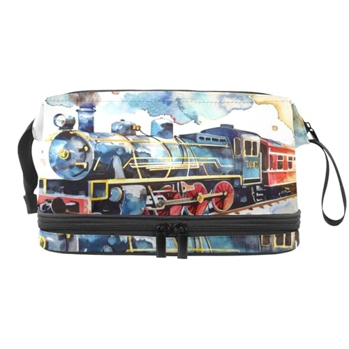Aquarell-Kosmetiktasche mit Zug auf Eisenbahn, doppellagig, für Damen und Mädchen, Reise-Kulturbeutel, Make-up, praktische Tasche, Organizer mit Pinselfach, multi, 27x15x14 cm/10.6x5.9x5.5 in, von VAPOKF