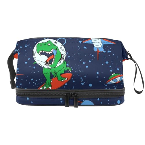 Astronaut Dinosaurier mit Raketen, doppellagige Kosmetiktasche für Frauen und Mädchen, Reise-Kulturbeutel, Make-up, praktische Tasche, Organizer-Tasche mit Pinselfach, multi, 27x15x14 cm/10.6x5.9x5.5 von VAPOKF