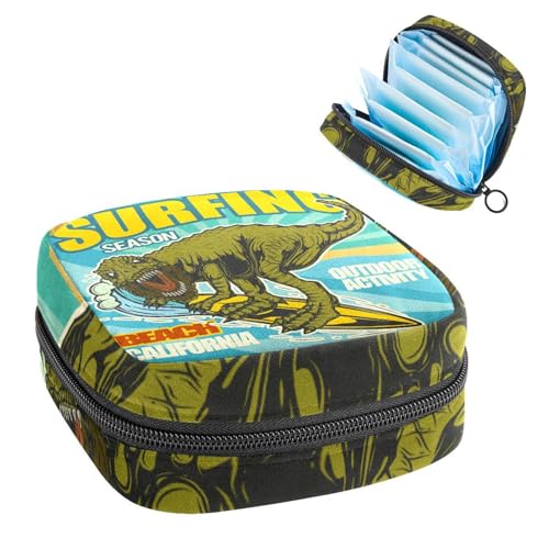 Aufbewahrungstasche für Damenbinden, Menstruationstasse, Tamponbeutel, Periodeneinlagen-Halter, Organizer für Frauen und Mädchen, cooler Dinosaurier, Surfen von VAPOKF