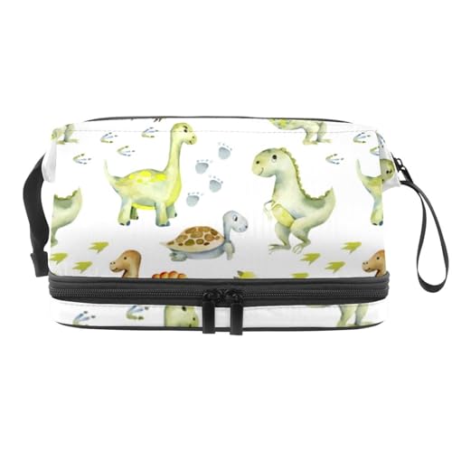 Baby-Dinosaurier im Ei und Fußabdrücke, doppellagige Kosmetiktasche für Frauen und Mädchen, Reise-Kulturbeutel, Make-up, praktische Tasche, Organizer-Tasche mit Pinselfach, multi, 27x15x14 von VAPOKF