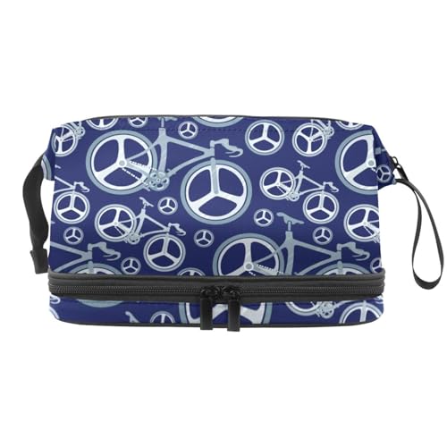 Bikes and Wheels on Blue Double Layer Cosmetic Bag for Women and Girls Travel Toiletry Bag Makeup Handy Pouch Organizer Bag with Brush Compartment, multi, 27x15x14 cm/10.6x5.9x5.5 in, Kulturbeutel von VAPOKF