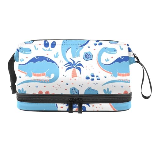Blaue lustige Dinosaurier-Doppelschicht-Kosmetiktasche für Frauen und Mädchen, Reise-Kulturbeutel, Make-up, praktische Tasche, Organizer-Tasche mit Pinselfach, multi, 27x15x14 cm/10.6x5.9x5.5 in, von VAPOKF