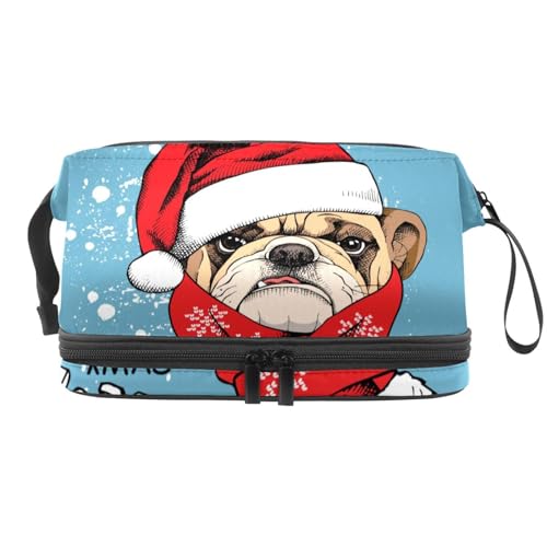 Bulldogge mit Weihnachtsmütze und rotem Schal, doppellagige Kosmetiktasche für Damen und Mädchen, Reise-Kulturbeutel, Make-up, praktische Tasche, Organizer-Tasche mit Pinselfach, multi, 27x15x14 von VAPOKF