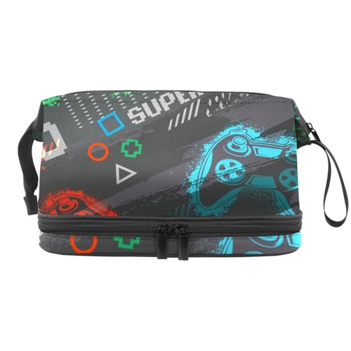 Bunte Gamepads auf grauem Grunge-Kosmetiktasche, doppellagig, für Damen und Mädchen, Reise-Kulturbeutel, Make-up, praktische Tasche, Organizer-Tasche mit Pinselfach, multi, 27x15x14 cm/10.6x5.9x5.5 Bunte Gamepads auf grauem Grunge-Kosmetiktasche, doppellagig, für Damen und Mädchen, Reise-Kulturbeutel, Make-up, praktische Tasche, Organizer-Tasche mit Pinselfach, multi, 27x15x14 cm/10.6x5.9x5.5 von VAPOKF