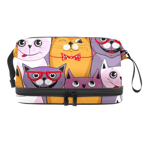 Bunte Katzen in roter Brille Krawatte Doppellagige Kosmetiktasche für Damen und Mädchen, Reise-Kulturbeutel, Make-up, praktische Tasche, Organizer-Tasche mit Pinselfach, multi, 27x15x14 von VAPOKF