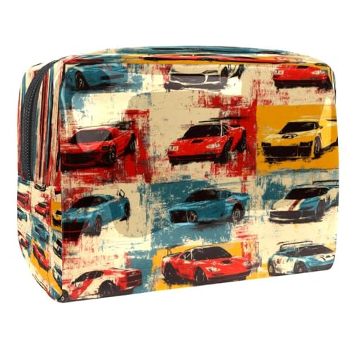 Bunte Kosmetiktasche für Damen, Motiv: Rennwagen, kariert, große PVC-Make-up-Tasche, Organizer mit Reißverschluss, multi, 18.5x7.5x13cm/7.3x3x5.1in, Kulturbeutel Bunte Kosmetiktasche für Damen, Motiv: Rennwagen, kariert, große PVC-Make-up-Tasche, Organizer mit Reißverschluss, multi, 18.5x7.5x13cm/7.3x3x5.1in, Kulturbeutel von VAPOKF