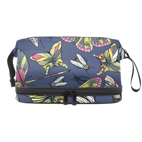 Butterfly Libelle and Housefly on Dark Grey Double Layer Cosmetic Bag for Women and Girls Travel Toiletry Bag Makeup Handy Pouch Organizer Bag with Brush Compartment, multi, 27x15x14 cm/10.6x5.9x5.5 von VAPOKF