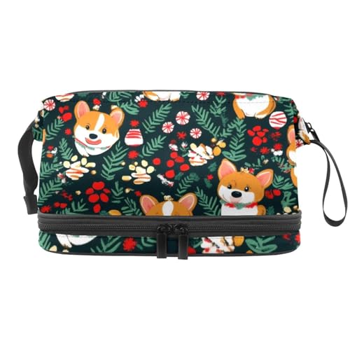 Cartoon Corgi Dogs Weihnachten Doppellagige Kosmetiktasche für Frauen und Mädchen, Reise-Kulturbeutel, Make-up, praktische Tasche, Organizer Tasche mit Pinselfach, multi, 27x15x14 cm/10.6x5.9x5.5 in, von VAPOKF