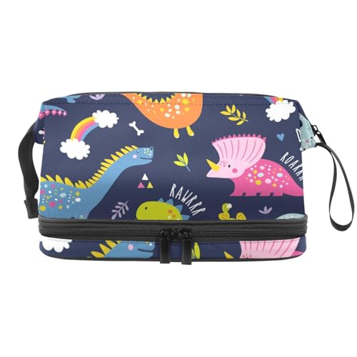 Cartoon-Dinosaurier und Kaktus, Regenbogenfarben, doppellagig, Kosmetiktasche für Damen und Mädchen, Reise-Kulturbeutel, Make-up, praktische Tasche, Organizer-Tasche mit Pinselfach, multi, 27x15x14 von VAPOKF