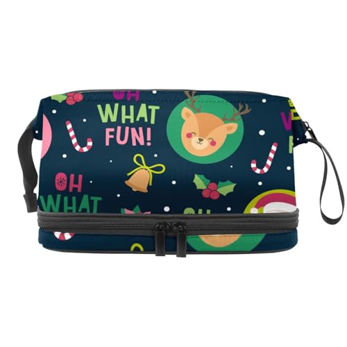 Cartoon Weihnachten Weihnachtsmann Schneemann Rentier Doppellagige Kosmetiktasche für Frauen und Mädchen Reise Kulturbeutel Make-up Praktische Tasche Organizer Tasche mit Pinselfach, multi, 27x15x14 von VAPOKF