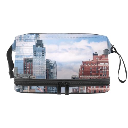 City Buildings and Apartments Double Layer Cosmetic Bag for Women and Girls, Travel Toiletry Bag Makeup Handy Pouch Organizer Bag with Brush Compartment, multi, 27x15x14 cm/10.6x5.9x5.5 in, von VAPOKF